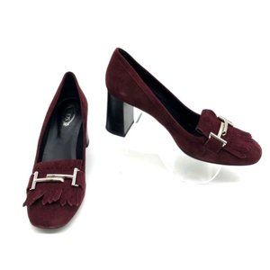Tod's Burgundy Red Horsebit Suede Pumps Heels